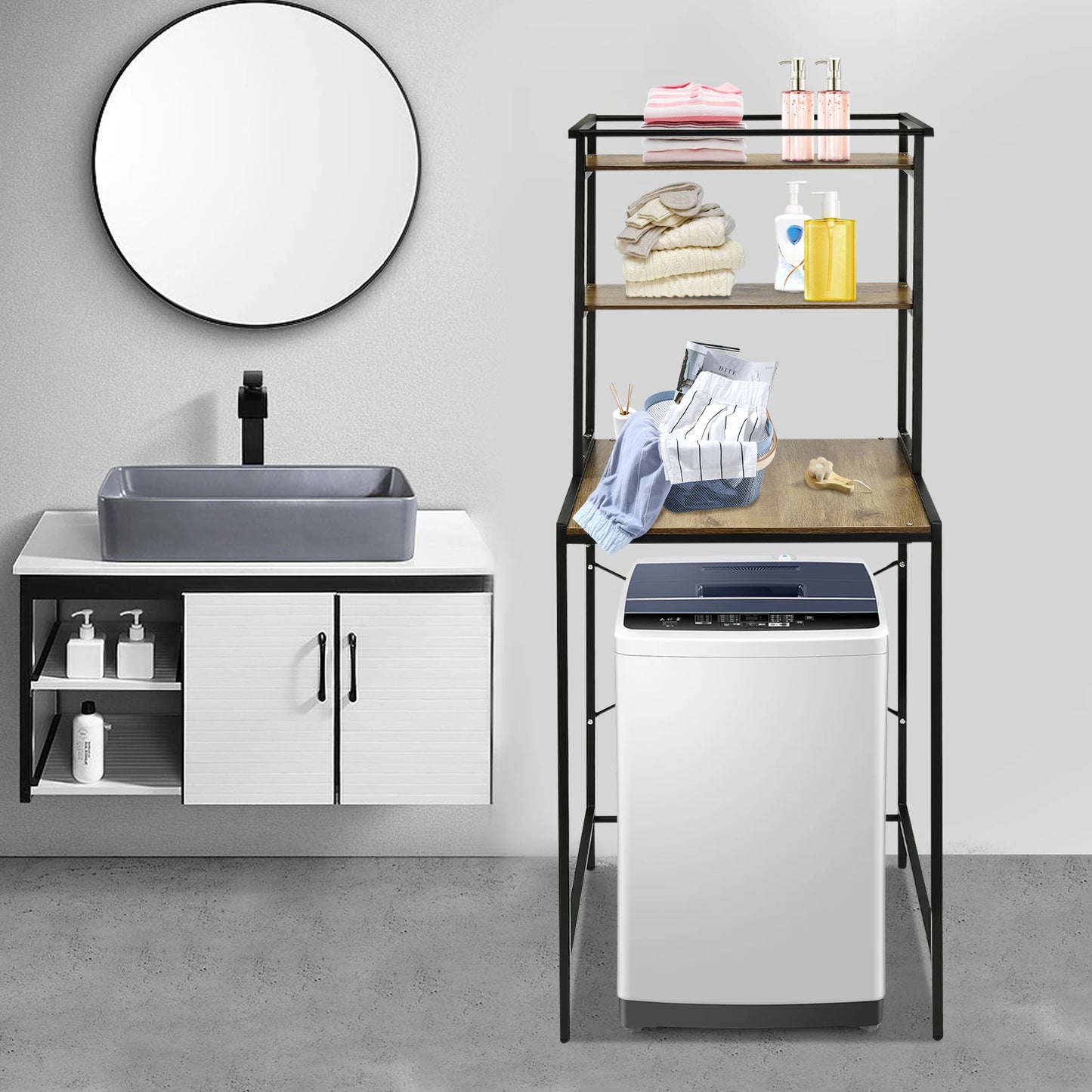 3-stufiges Aufbewahrungsregal für Waschmaschinen und Trockner, robustes Wäscheständer mit Bodenfach, Organizer-Ständer für Badezimmer, Waschküche