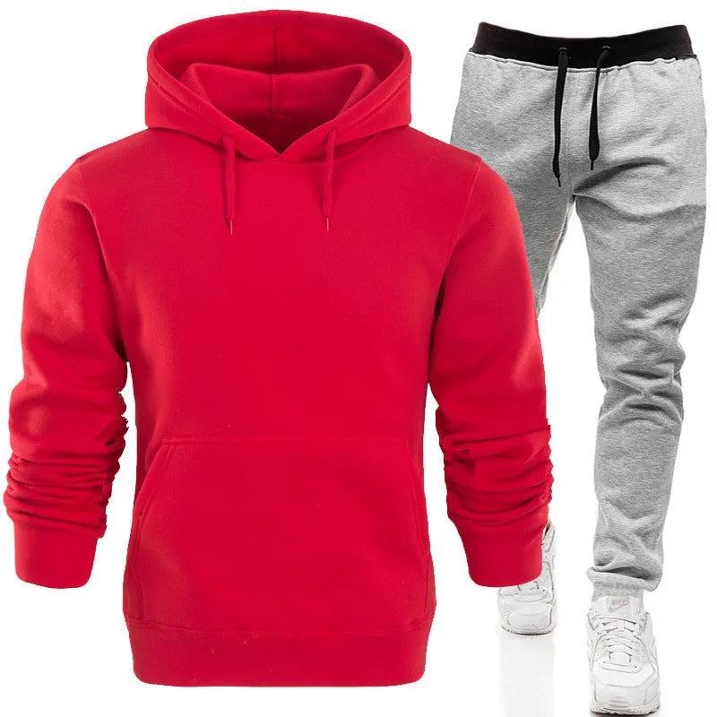Men's Hooded Solid Color Pullover Set Two-Piece Sweater Sport Pants.