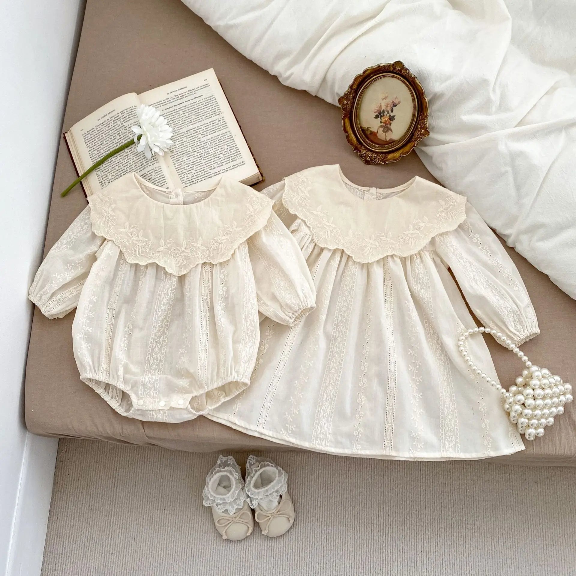 Frühling Baby Body Schwestern Kleid Blume Stickerei Kleid für Kleinkind Mädchen Kleinkind Outfit.