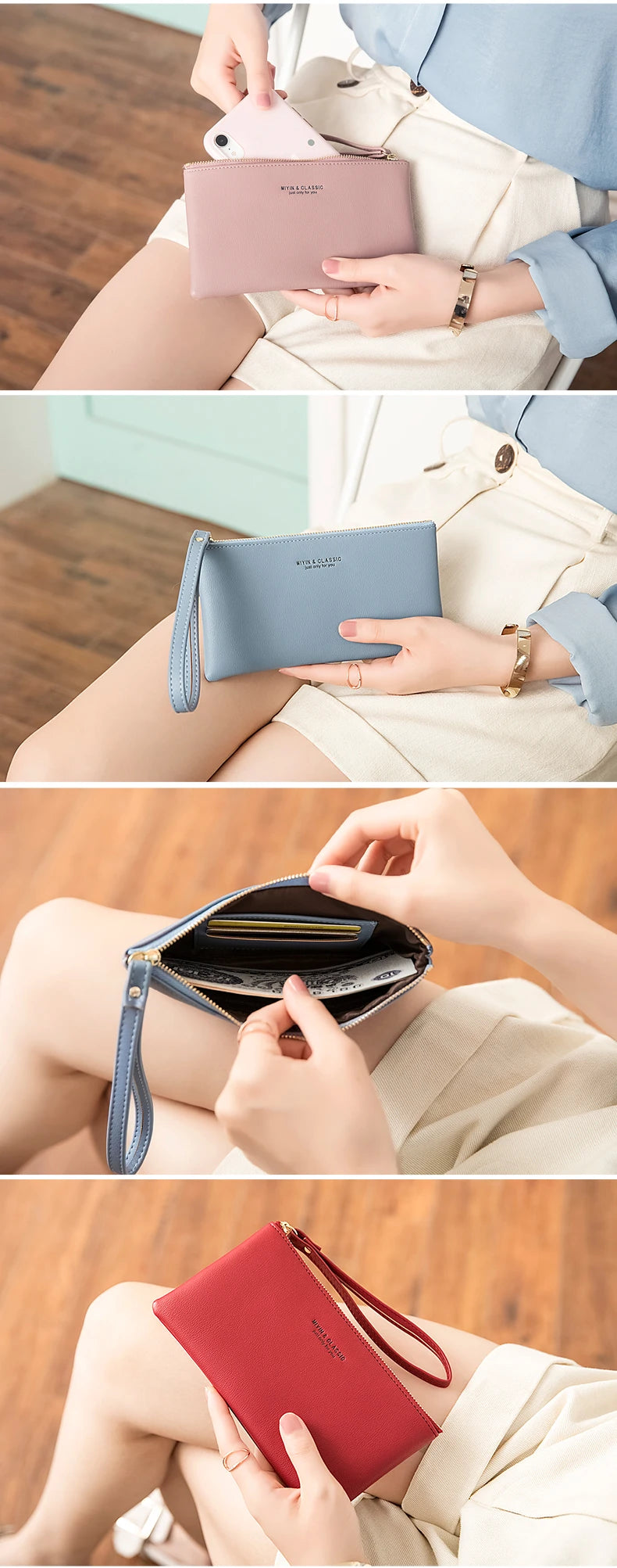 Simple Solid Color Thin Long Wallet PU Leather Large Capacity Zipper Wallet Classic Fashion Womens Handbag Can Hold Mobile Phone.