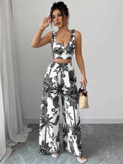 Sexy Strapback Halter Tops Long Pants Female 2-piece Set Summer Fashion Printed Wide-leg Pocket Trousers Elegant Women's Suit.
