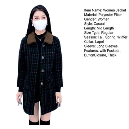 Frauen Plaid Mantel Karierten Winter Mutter Jacke Taschen drehen-unten Kragen einreiher Mid Länge Mantel Mid-aged frauen Mantel