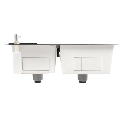 Edelstahlspüle, moderne Küchenspüle, Black Diamond 7843PB, Doppelspüle, Abfluss + Seifenspender zum Reinigen von Geschirr und Gemüse