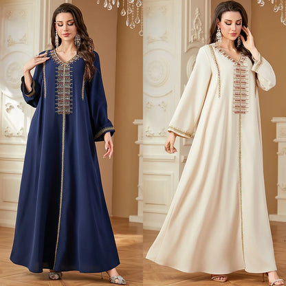 Elegant V-Neck Beading Embroidery Abaya For Muslim Woman 2025 Casual Loose Moroccan Saudi Dubai Kuwait Morocco Stylish Kebaya.