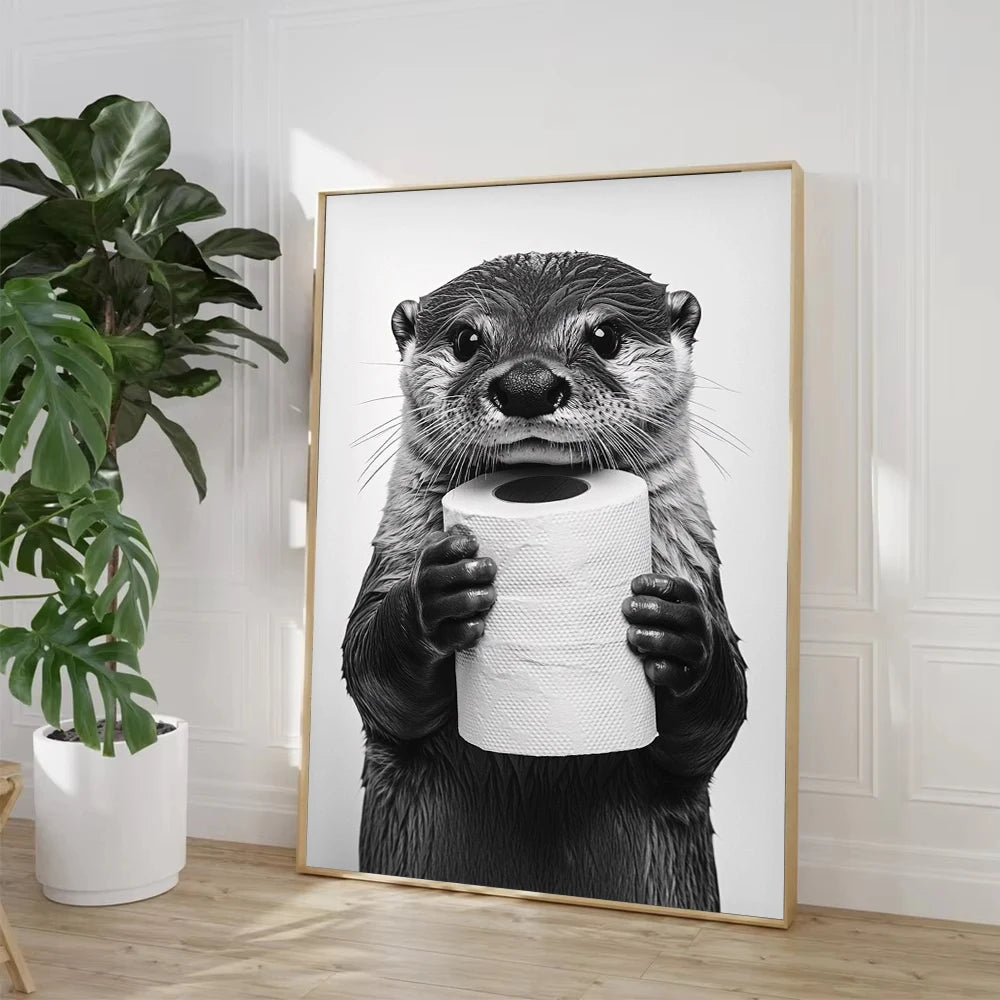Highland Cow Otter Cat  Raccoon with Toilet Paper Poster Print Canvas Painting Bathroom Wall Art Funny Toilet Humor Home Decor.