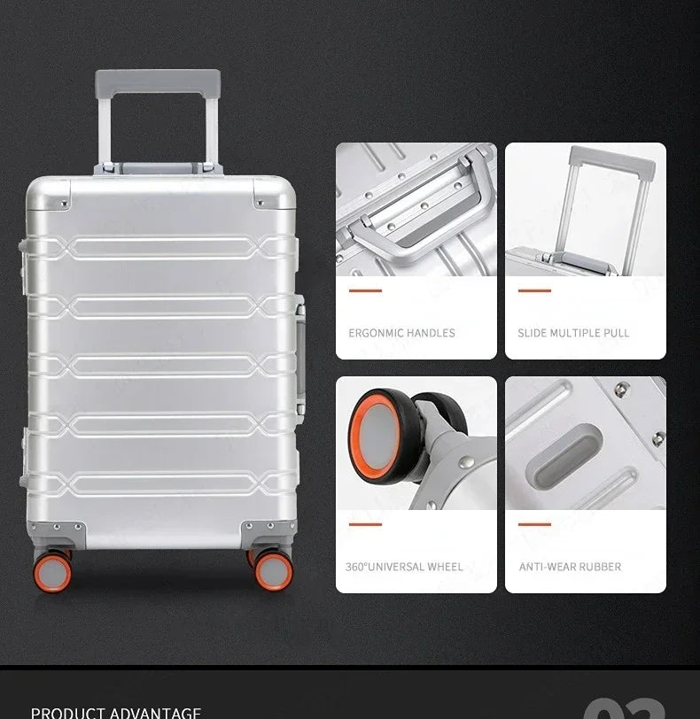 TravelTrolley-Gepäck, 20 Zoll, Handgepäck, Kabinenkoffer, Reisetaschen, Rollgepäck, Reisekoffer aus Aluminium-Magnesium-Legierung.