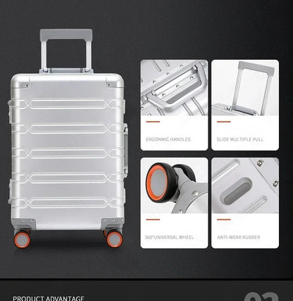 TravelTrolley-Gepäck, 20 Zoll, Handgepäck, Kabinenkoffer, Reisetaschen, Rollgepäck, Reisekoffer aus Aluminium-Magnesium-Legierung.