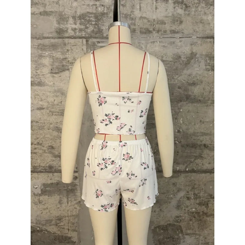 Damen Sexy Pyjamas Herz Wimpern Bedrucktes Pyjama Set V-Ausschnitt Camisole Top Shorts Loungewear.