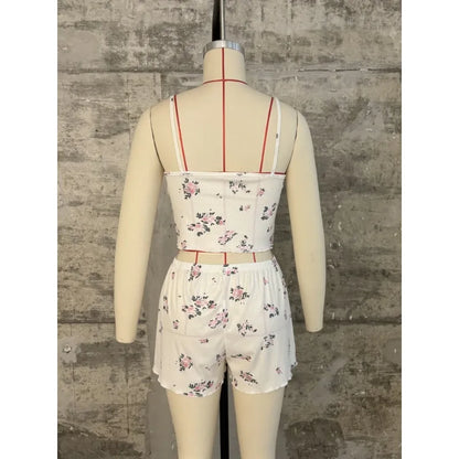 Damen Sexy Pyjamas Herz Wimpern Bedrucktes Pyjama Set V-Ausschnitt Camisole Top Shorts Loungewear.