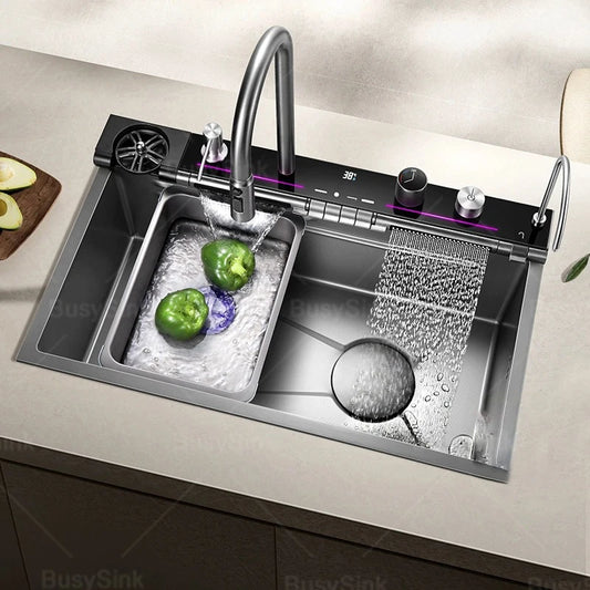 Stainless Steel Kitchen Sink Waterfall Faucet Large Single Sink Intelligent Dishwasher Sink Digital Display and Light Effects