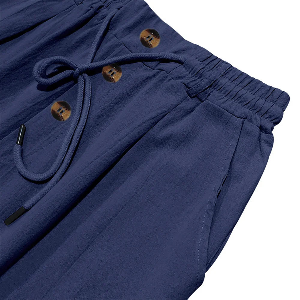 Autumn New Men's Cotton Pants Solid Color Button Drawstring Design Casual Loose Fit Cozy Trousers Simple Style Long Pants