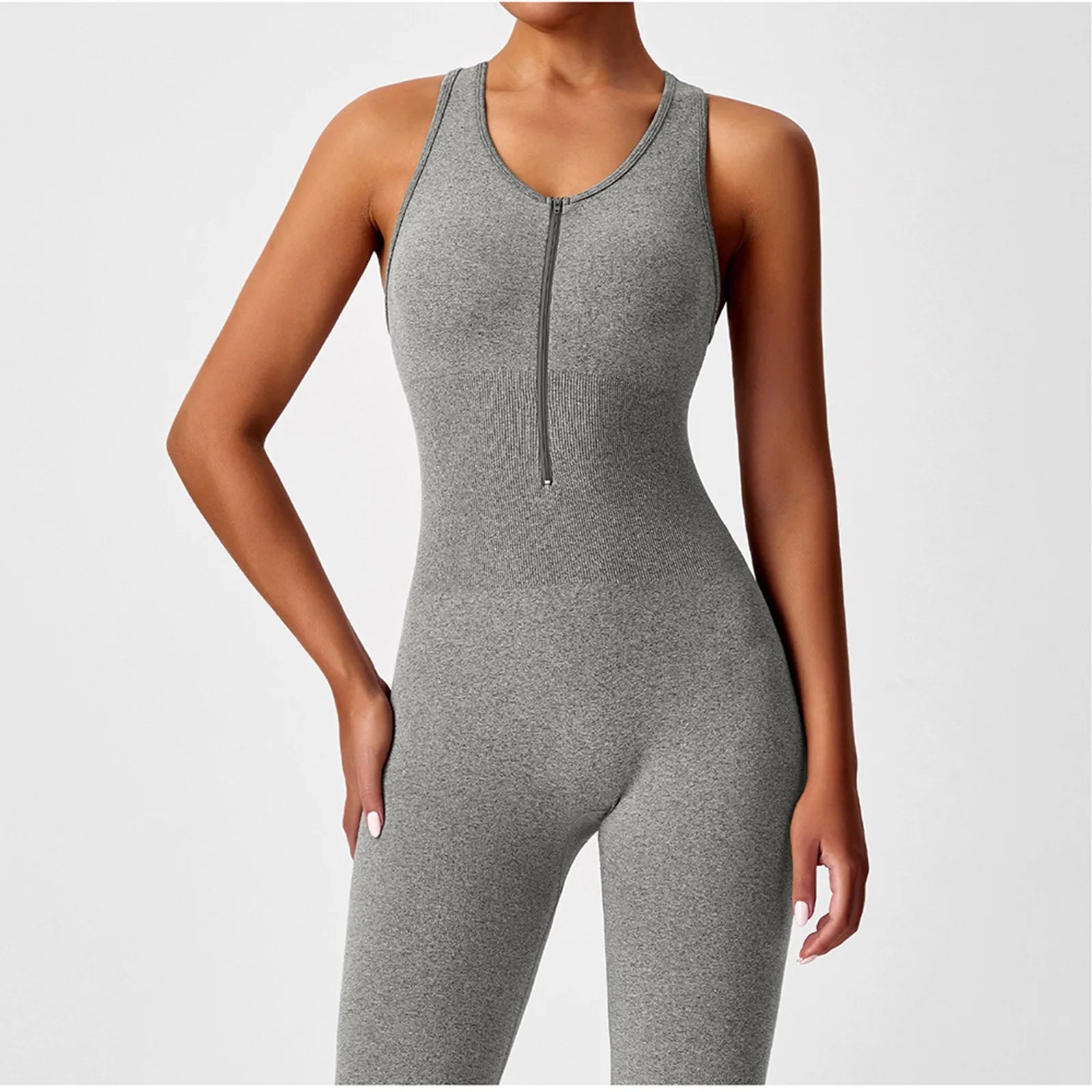 Ladies' Fashion Solid Color Round Neck Tight Yoga Jumpsuit Breathable Sleeveless Front Zipper Soft and Comfy Fitness Clothes.