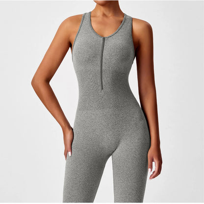 Ladies' Fashion Solid Color Round Neck Tight Yoga Jumpsuit Breathable Sleeveless Front Zipper Soft and Comfy Fitness Clothes.