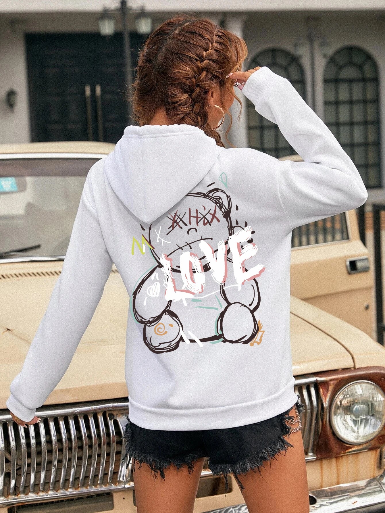 Graffiti Linie Bär Einfache Druck Weibliche Hoody Harajuku S-Xxl Sweatshirt Mode Lässig Straße Mit Kapuze Herbst Warme Streetwear Frauen