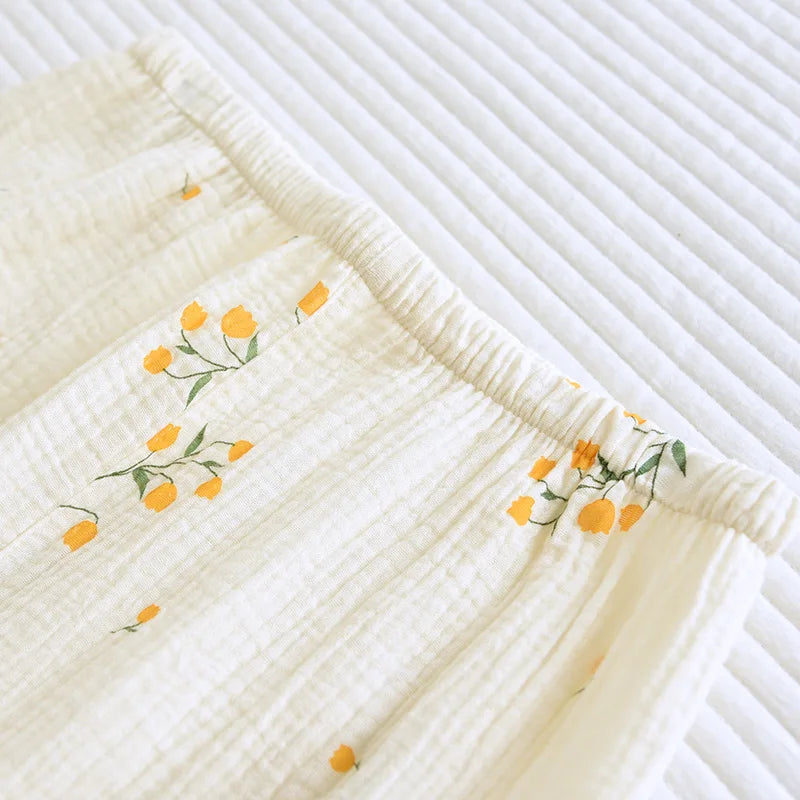 Neuer Sommer-Damen-Pyjama aus Baumwollkrepp, dreiteilig, kurzärmelig + Shorts + Hose, große Größe, einfacher Blumen-Pyjama, Heimservice-Anzug