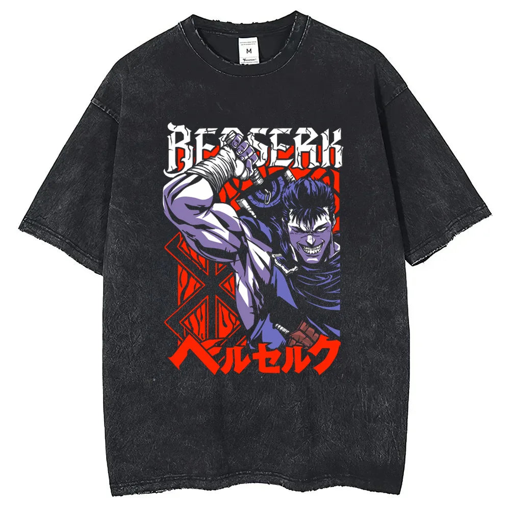 Anime Berserk Cotton TShirt Hip Hop Streetwear T Shirt Guts Washed T-Shirt Summer Men Casual Loose Short Sleeve Harajuku.