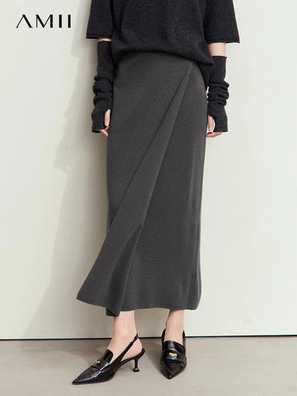 AMII Minimalist Elegant Basics Knitted Skirts for Women 2024 Winter New Elastic Waist Straight Lady Commuter Long Skirt 12443250.