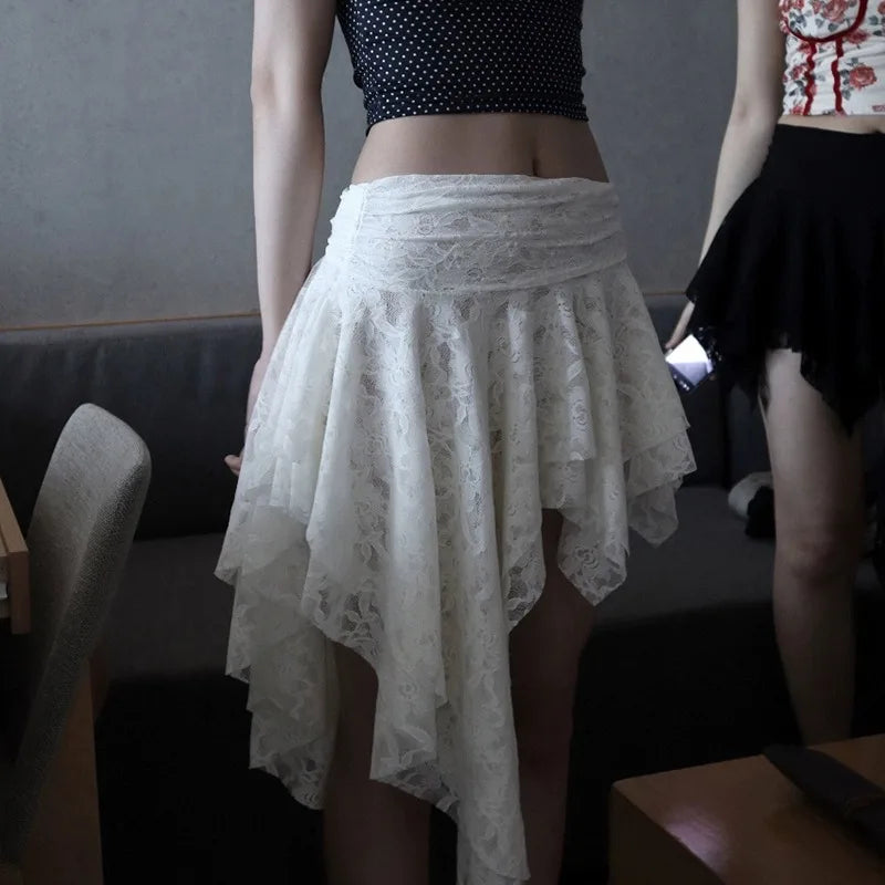 Asymmetrical Lace Skirt Pants Women High Waist Layered Skirt Y2k Japanese Vintage Jacquard Short Skirt 2025 Spring Clothing