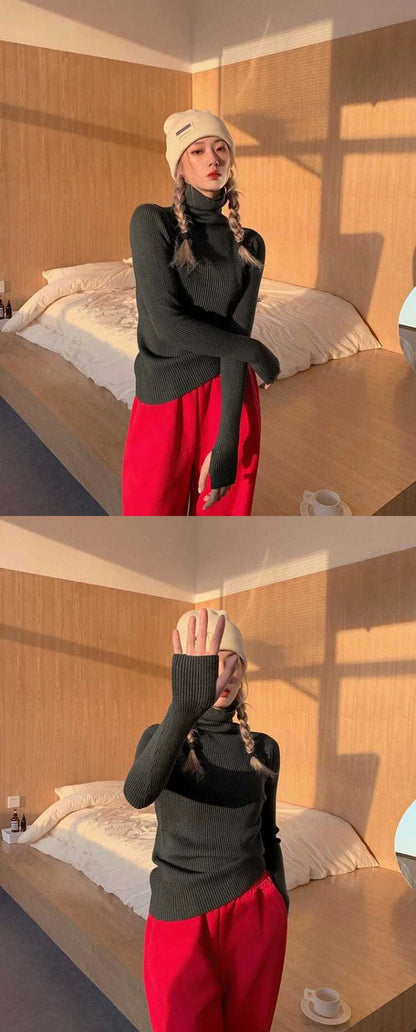 Gestrickte Pullover Frauen Koreanische Version Rollkragenpullover Winter Einfarbig Pullover Abnehmen Innen Läppen Warme Grundlegende Tops.