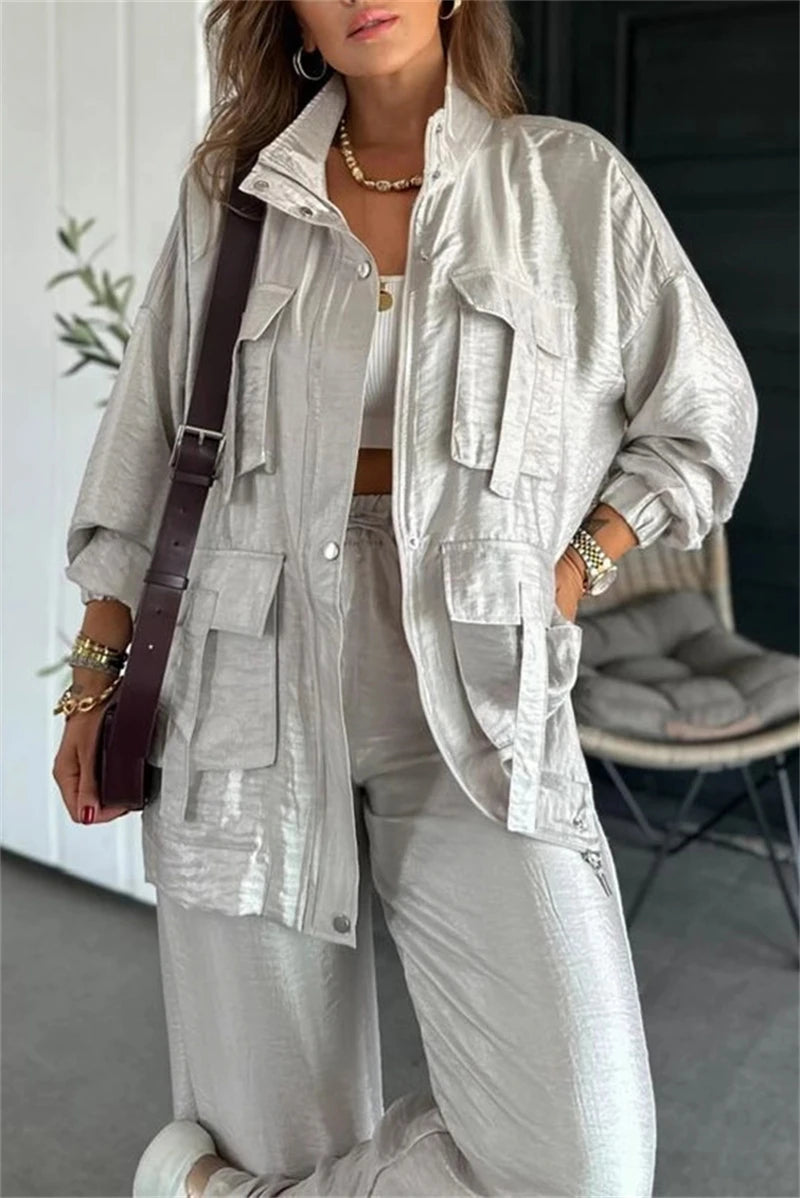 Streetwear 2 Piece Sets Women Outfit Spring Clothes Women 2025 Solid Pocket Jacket Top and Pant Sets Safari Style Tracksuits Set.