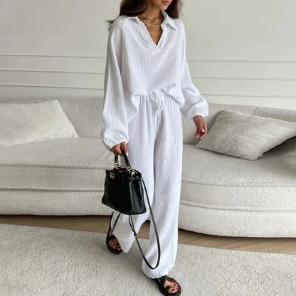 Women's Suit Solid Color Casual Loose 2025 Elegant Spring And Summer Fashion New Long-sleeved Lapel Top + Drawstring Pants Suit.