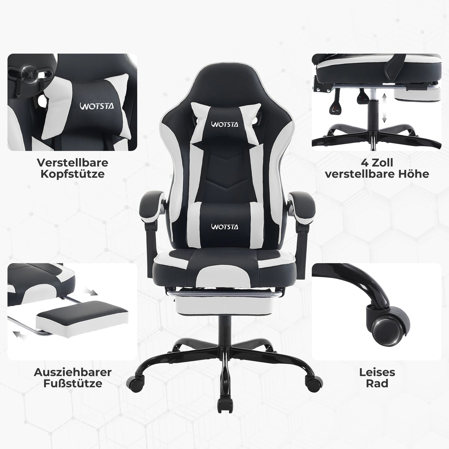 WOTSTA Gaming-Stuhl mit Fußstütze, Gamer-Stühle, ergonomisch, mit Lendenkissen, Kopfstützenstuhl, höhenverstellbarer Computerstuhl