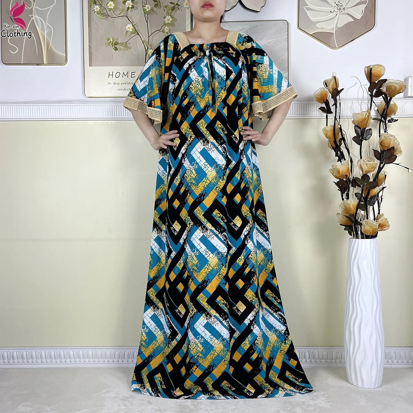 New Muslim Dubai Elegant Dress Summer Short Sleeve African Abaya Printing Cotton Loose Femme Robe Islamic Dresses With Scarf.