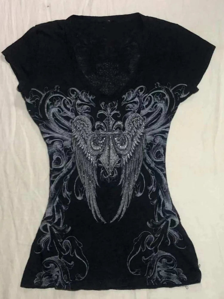 2025 Ropa Mujer Summer Tshirts for Women V-neck Short Sleeve Tunic Camisetas Pink Print Tees Crop Tops Casual Chic Y2k T-shirt.