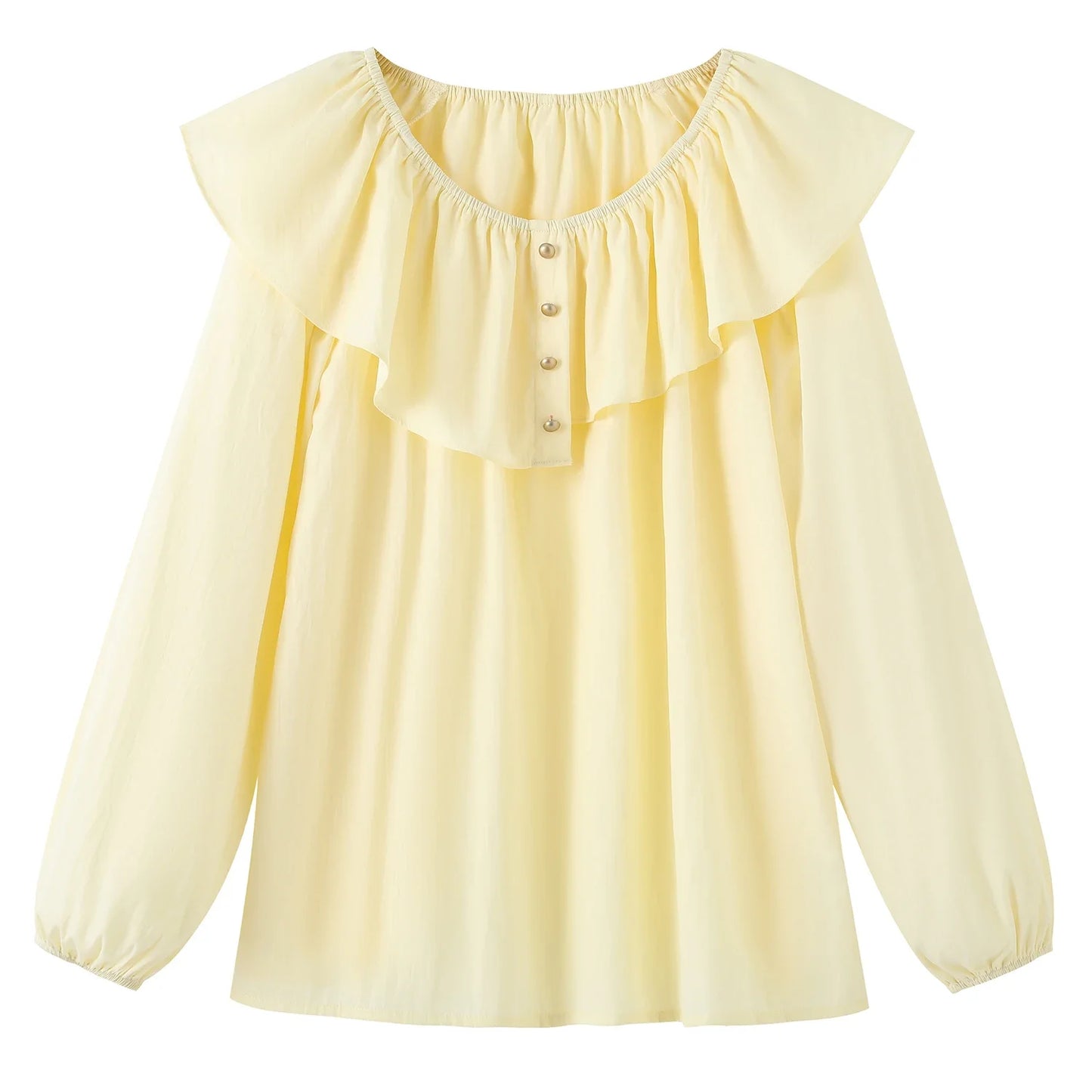 2025 French Large Size Long Sleeve O-neck Solid Color Loose Ruffle Shirt Ladies Spring Autumn Plus Size Blouses for Women