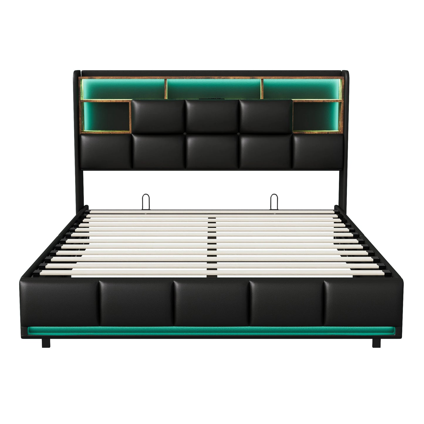 Lazyspace PU-Doppelbett, LED-Beleuchtung und hydraulischem Bettrahmen mit Stauraum, Wohnmöbel-Polsterbett, 140/160 x 200 cm