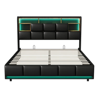 Lazyspace PU-Doppelbett, LED-Beleuchtung und hydraulischem Bettrahmen mit Stauraum, Wohnmöbel-Polsterbett, 140/160 x 200 cm