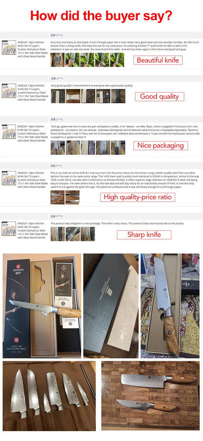 XINZUO 1-8pcs Kitchen Knife Set 73 Layers Custom Damascus Steel 15°±1 Per Side Steel Blade with Olive Wood Handle.
