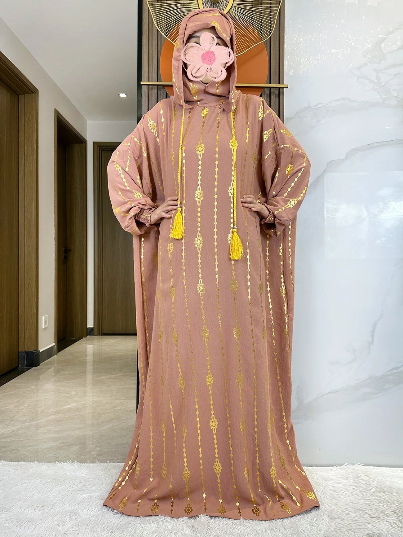 New Cotton Ramadan Muslim Two-Hat Abaya Dubai Turkey Islam Prayer Clothes Gold Dust   Dress Islam Women Dress Kaftan.