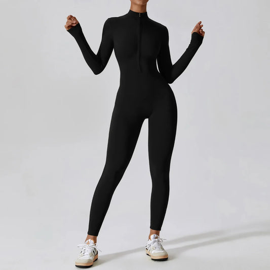 Zipper Sensation Long Sleeve Yoga Suit High Intensity Fitness Sports Bodysuit Tight Fit Clothing 8306 One Piece Suit.