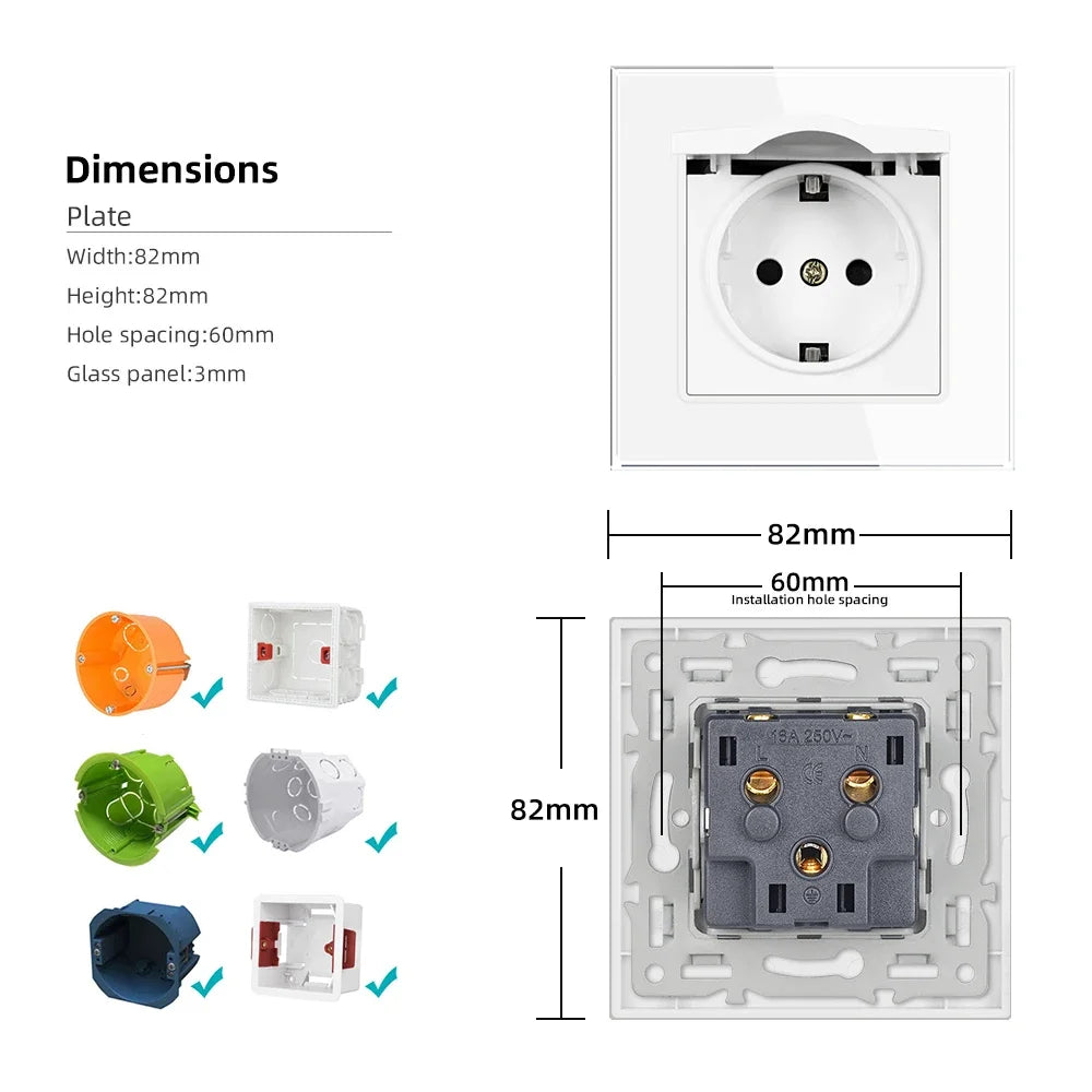 SRAN Französische USB-Wandsteckdose 5 V 2,1 A, Kristall-Hartglasscheibe 16 A 220 V 82 x 82 mm Steckdose Frankreich-Standard mit Abdeckung.
