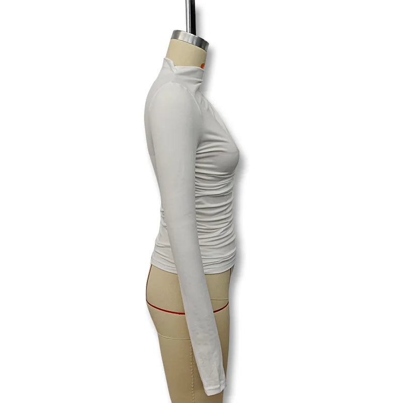 New fashion women's casual slim fit pleated high neck long sleeved solid color top t-shirt