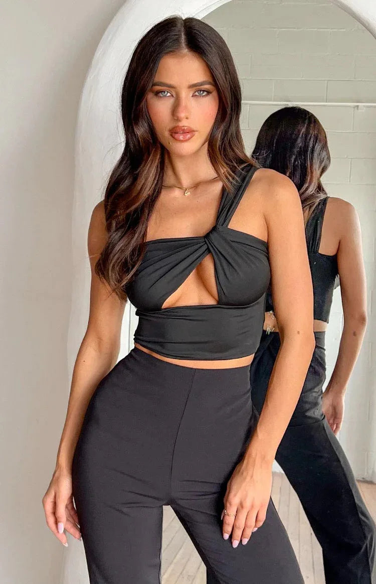 Tossy Sexy One Shoulder Twist Bandage Top Women Sleeveless Front Cut Out Criss Cross Casual Backless Club Party Crop Top Lady.