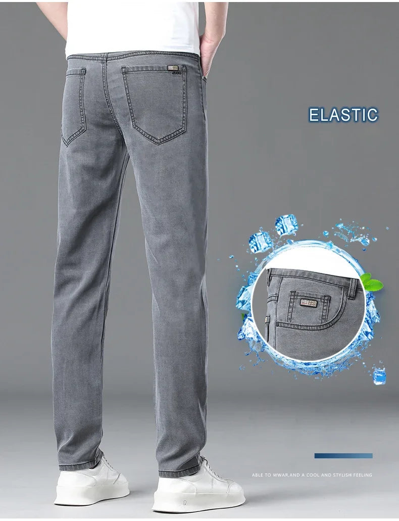 Summer Lyocell Ultra-thin Jeans Men Straight Stretch Breathable Denim Pants Fashion Business Casual Male Trousers Black Gray.
