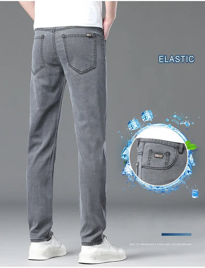 Summer Lyocell Ultra-thin Jeans Men Straight Stretch Breathable Denim Pants Fashion Business Casual Male Trousers Black Gray.