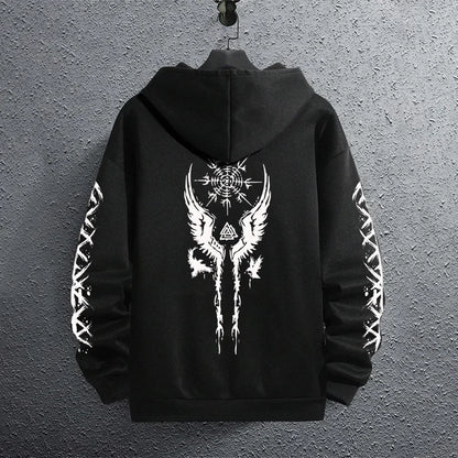 2025 Brand New Black Sweatshirts Autumn Winter Male Daily Casual Sporty Jogging Hoodie Men's Ancient Viking Raven Print Pullover