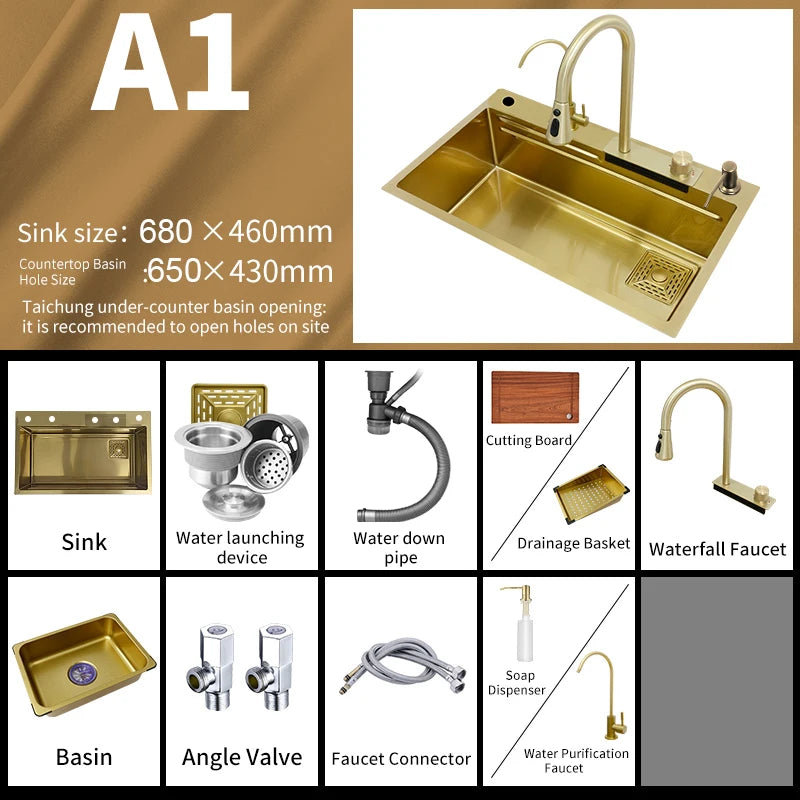YCRAYS Golden Nano Multifunctional Kitchen Sink 4 Mode Waterfall Faucet Large Single Bowl Soap Dispenser Pure Tap Cup Washer