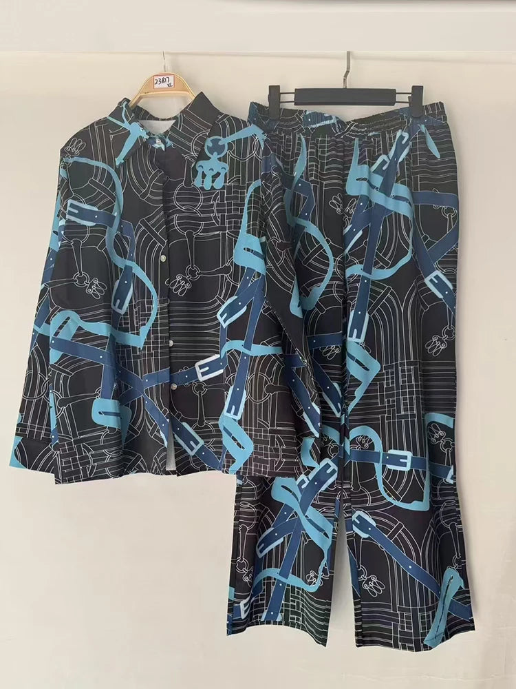 2025 Spring women's retro geometric print lapel loose long-sleeved shirt two-piece + elastic waist wide leg pant suit.