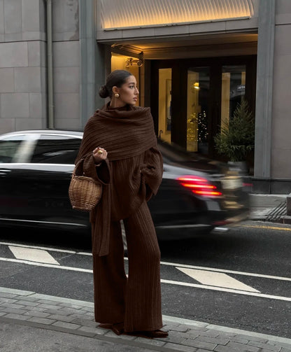 Hirsionsan Soft Elegant Vintage Women Suits 3 Pieces Female Sets O Neck Sweater & Wild Leg Pants with Scarf Knitted TrackSuit