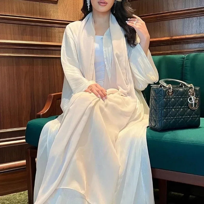 2025 Ramadan Satin muslimischen bescheidenen Kleid arabische Frauen öffnen Abaya Dubai islamische Langarm Cardigan Kleidung Truthahn schlichte Robe