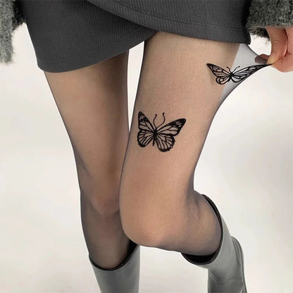 Sexy Butterfly Tights Vintage Y2K Fake Tattoo Butterfly Black Transparent Silk Pantyhose Women Lolita Summer Ultra-thin Stocking.