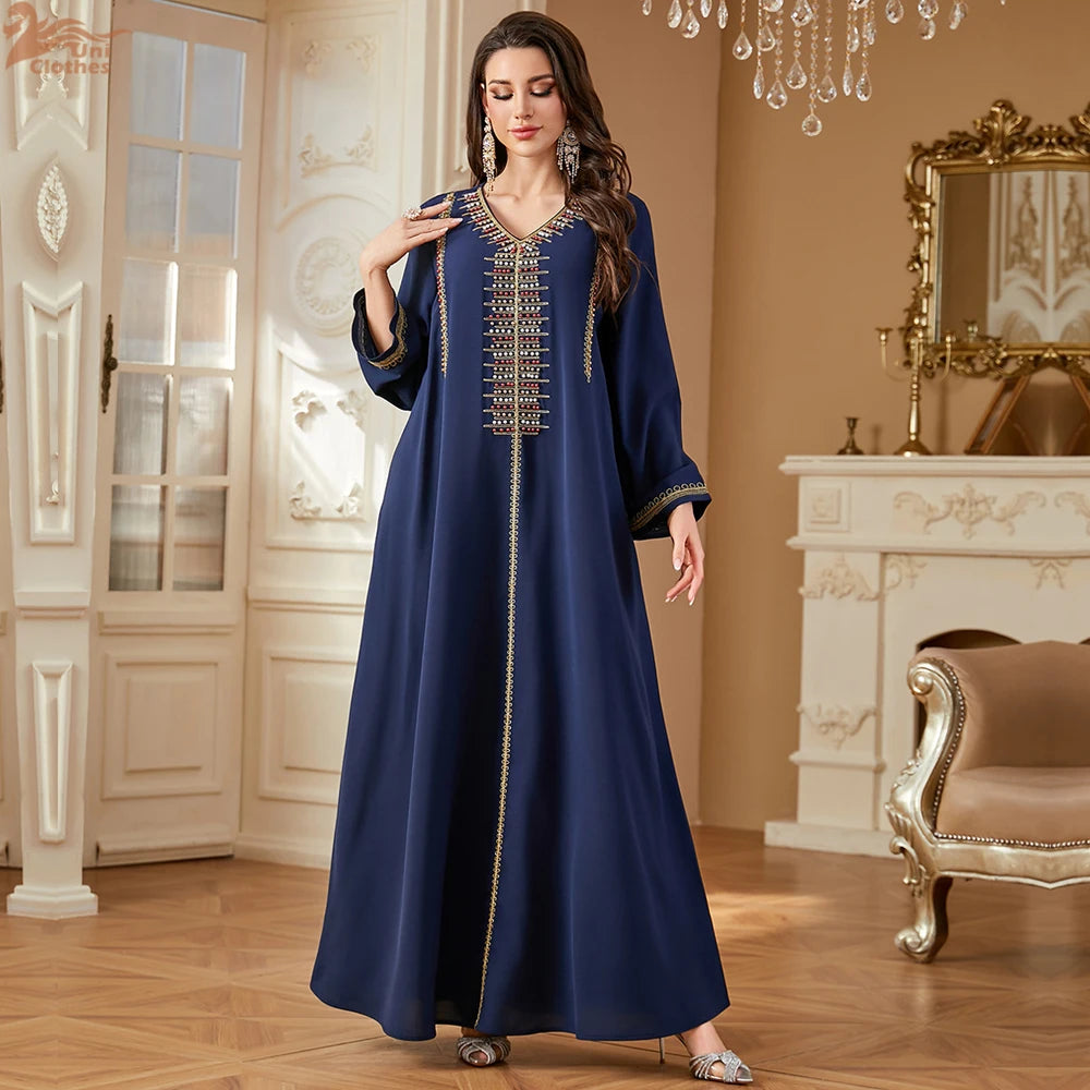 Elegant V-Neck Beading Embroidery Abaya For Muslim Woman 2025 Casual Loose Moroccan Saudi Dubai Kuwait Morocco Stylish Kebaya.