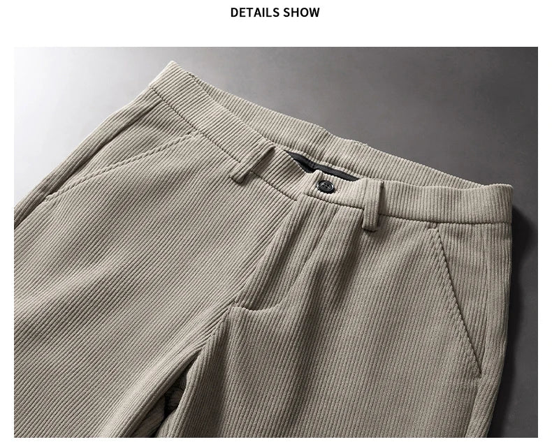Khaki Black Gray Fleece Men's Corduroy Casual Pants Chenille Thick Stretch Business Trousers Mid-rise Brand Winter Thermal Pants.