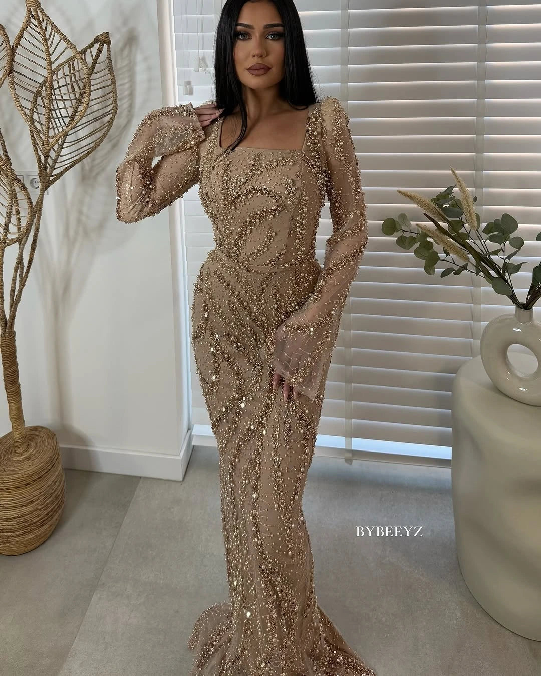 BABYONLINE Maßgeschneidertes Abendkleid All CoPearl Sleeve Full Crystals Etuikleid Abiye.