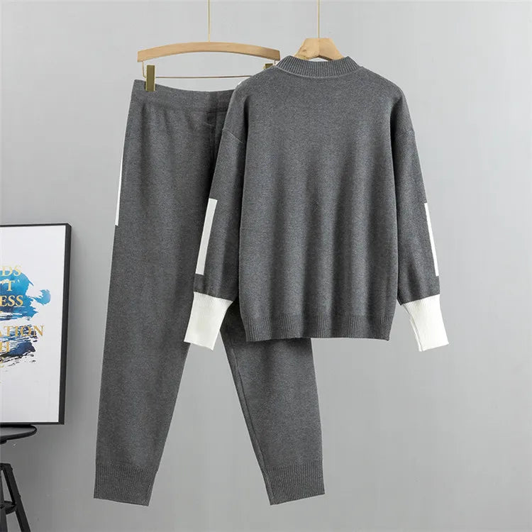 2024 herbst Runway 2 Stück Set Gestrickte Langarm Pullover Pullover Casual Patchwork Mode Frauen Tops und Hosen Anzüge Frühling
