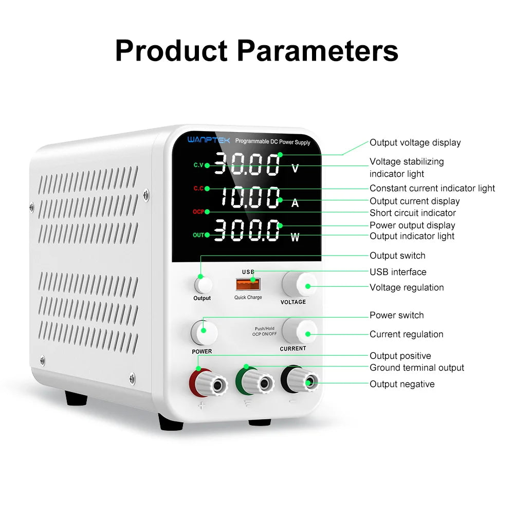 Wanptek Laboratory Power Supply 30V 5A 30V 10A 60V 5A 120V 3A Encoder Adjustment with USB Fast Charging Lab DC Power Supply.